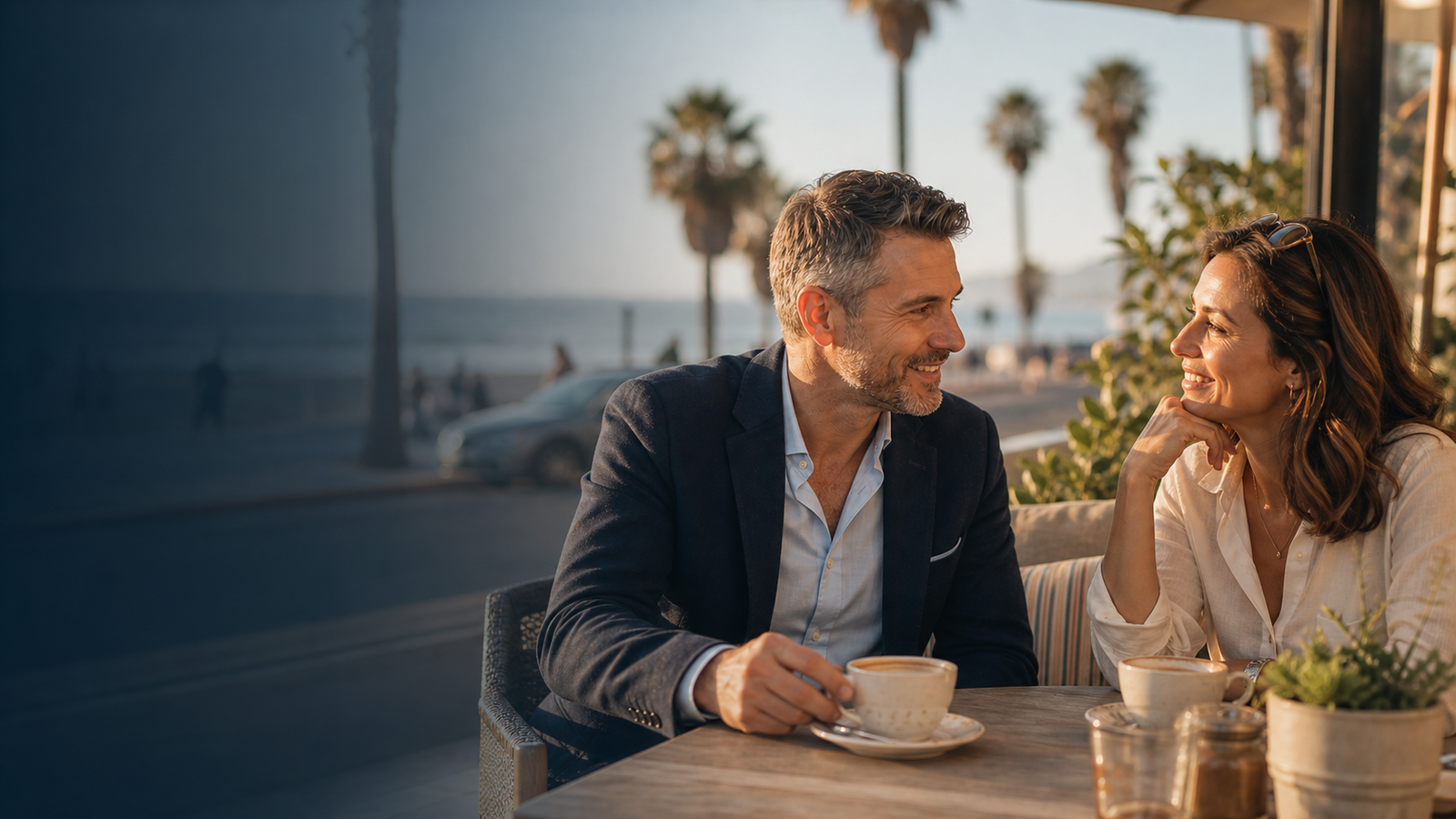 Los Angeles professionals talking at an outdoor cafe near the coast